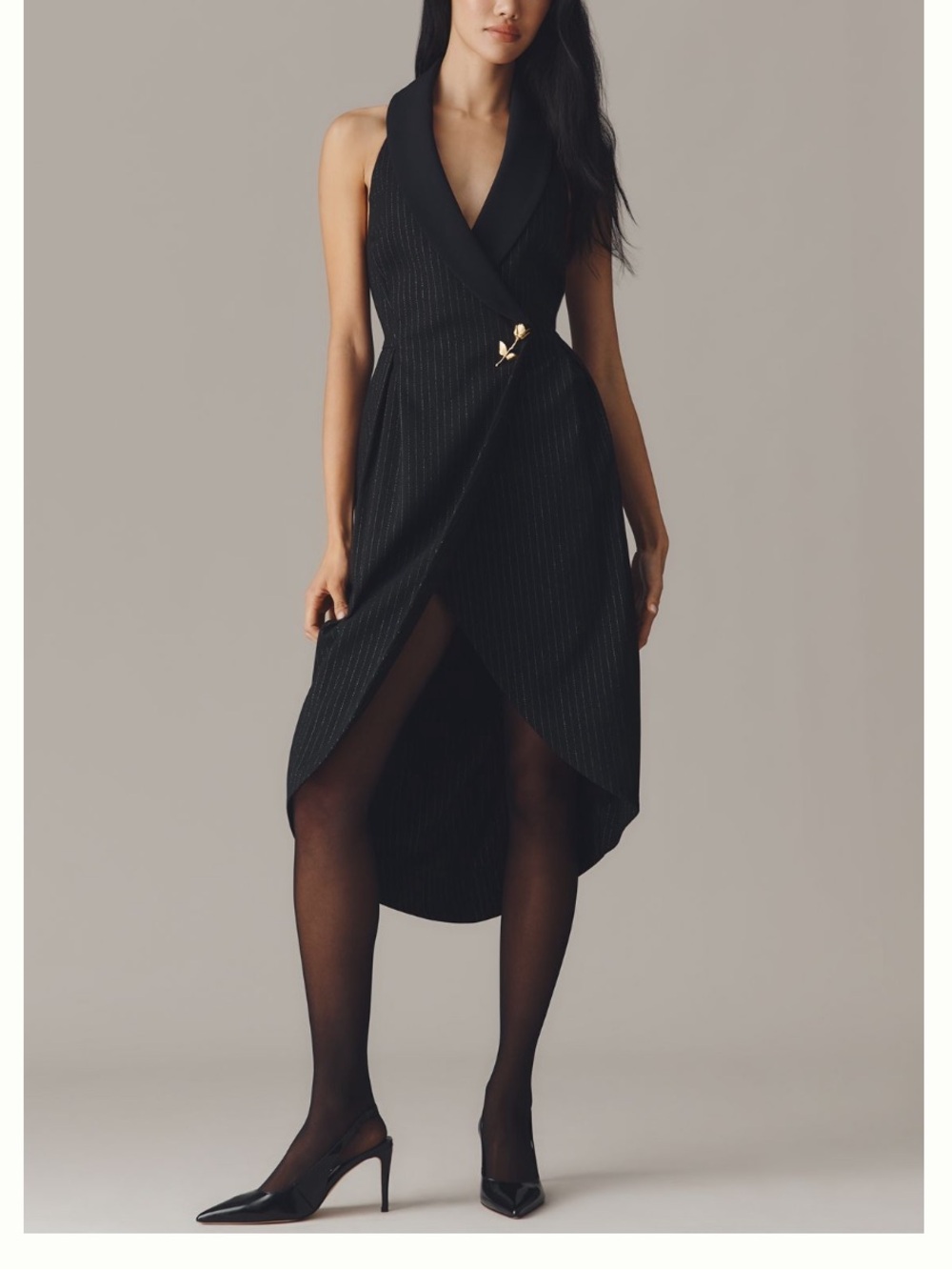 🟠NWT ANTHROPOLOGIE Halter Tuxedo Stripe Midi Dress w/Gold Pin Detail - Black MED